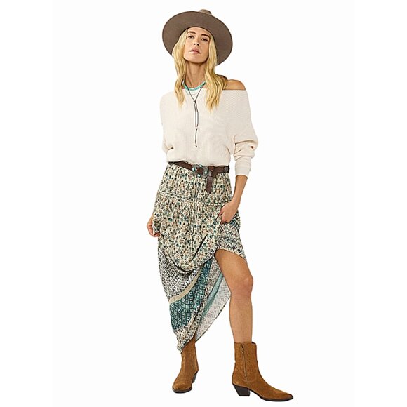 Lovestitch Taupe & Dusty Teal Floral Tribal Border Drawstring Maxi Skirt I-40163 - Picture 1 of 6